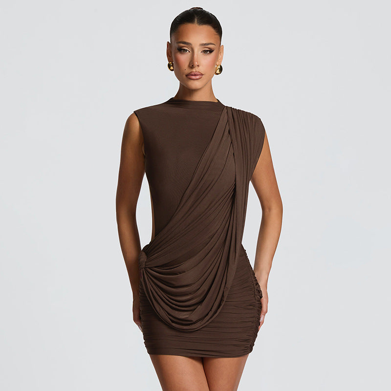 Damen figurbetontes Minikleid mit drapierter Schulterpartie und Raffungen Drune