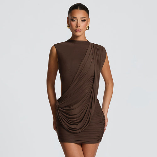 Damen figurbetontes Minikleid mit drapierter Schulterpartie und Raffungen Drune