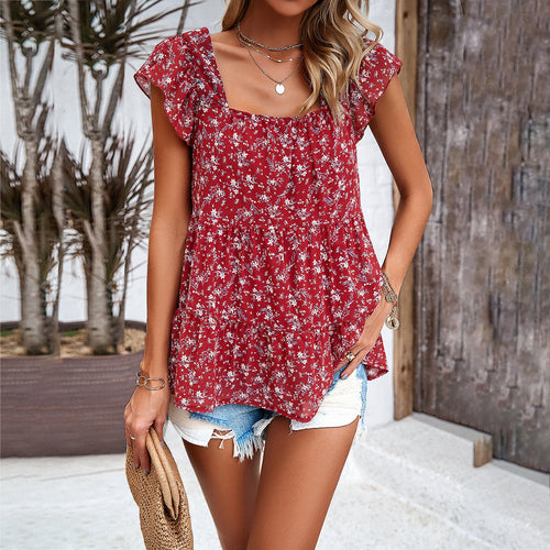 Drune | Elegantes Floral Quadratisches Hals Top