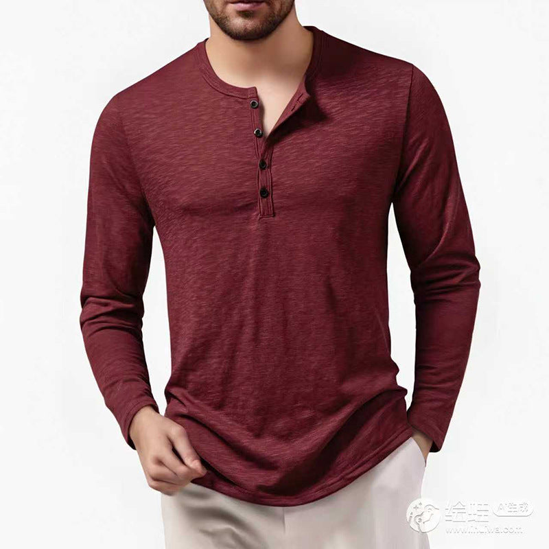 Herren nan Slim-Fit Henley Langarmshirt mit kurzem Knopfverschluss und abgerundetem Saum Drune