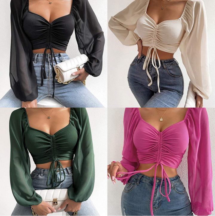 Damen Crop-Top mit strukturiertem Körper und eleganten Puffärmeln Drune