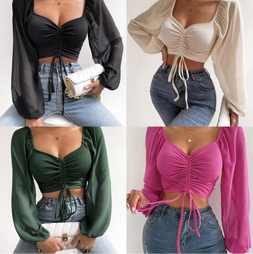 Damen Crop-Top mit strukturiertem Körper und eleganten Puffärmeln Drune