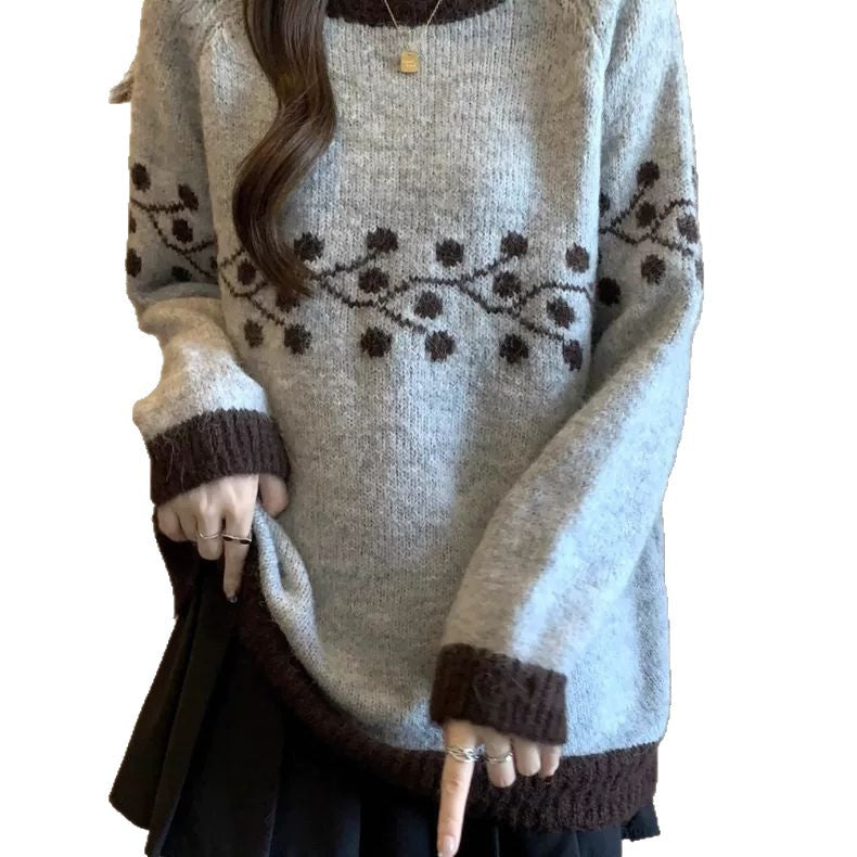 Damen Weicher Strickpullover mit floralem Muster und kontrastierenden Spitzen Drune