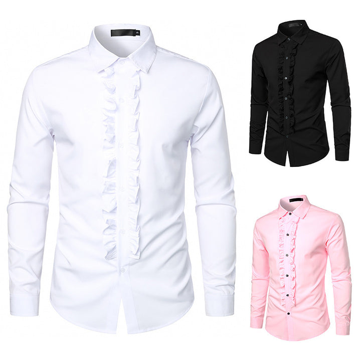 Herren elegantes Langarmhemd mit Rüschenverzierung Drune