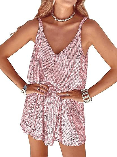 Damen Glitzerndes Jumpsuit mit tiefem V-Ausschnitt und elastischer Taille Drune