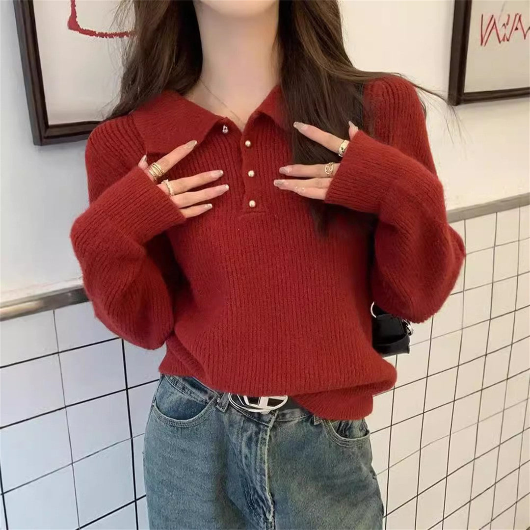 Damen Pullover mit strukturiertem Polo-Kragen und Knopfdetails Drune