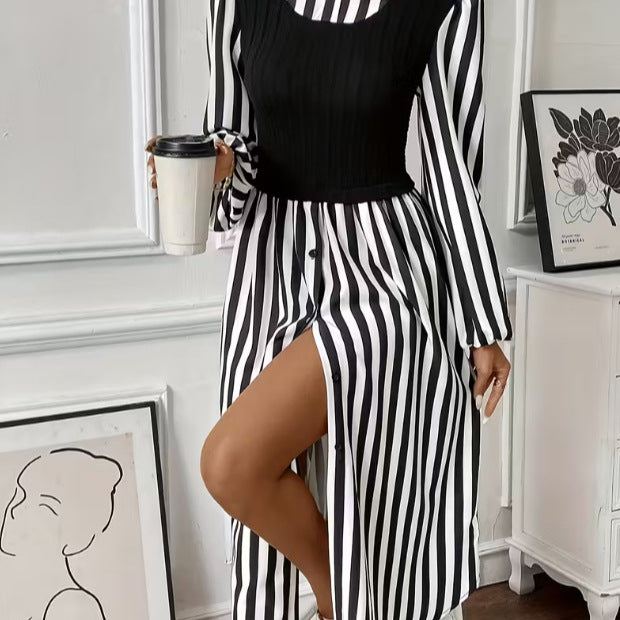 Damen Streifen Kleid mit tailliertem Oberteil und Knopfleiste Drune