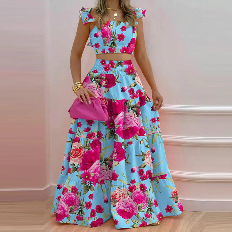 Damen Zweiteiler mit floralem Design und voluminösem Rock Drune
