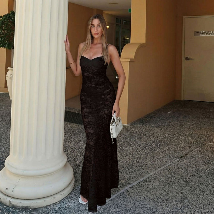 Damen sexy Spitzen Maxi-Kleid mit verstellbaren Trägern und Herzen-Ausschnitt Drune