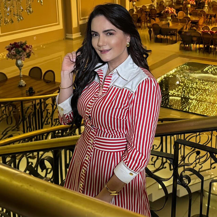 Damen Maxikleid mit eleganten Streifen und Hemdblusenkragen Drune