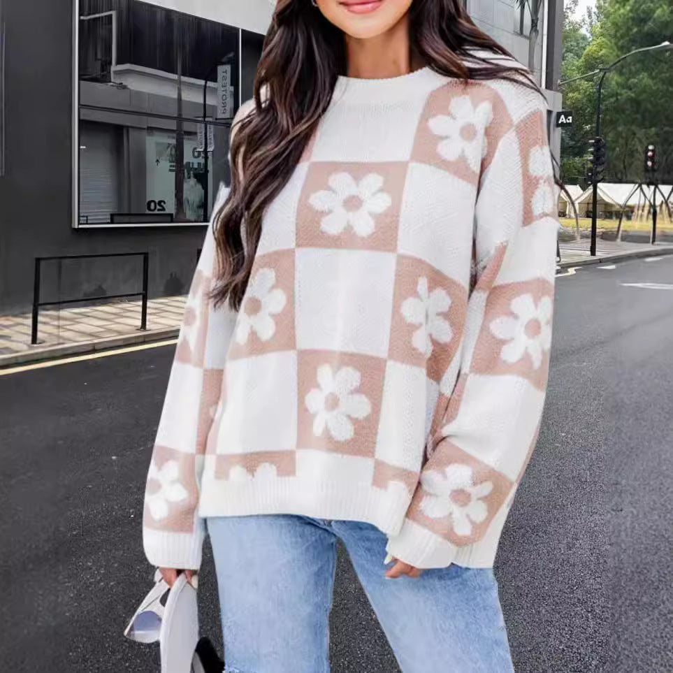 Damen Oversized Strickpullover mit floralem Muster und lässigem Schnitt Drune