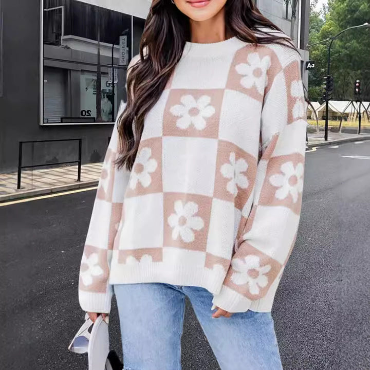 Damen Oversized Strickpullover mit floralem Muster und lässigem Schnitt Drune