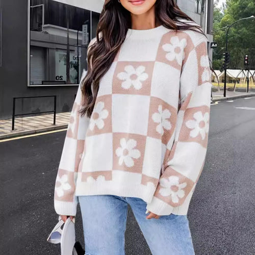 Damen Oversized Strickpullover mit floralem Muster und lässigem Schnitt Drune