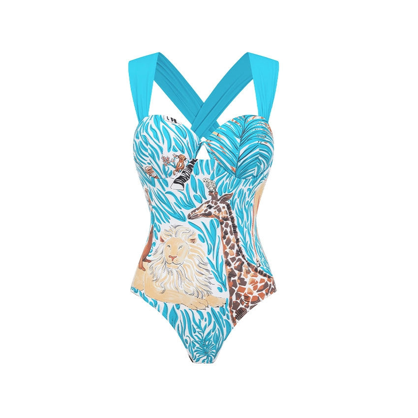 Damen Einteiler Badeanzug mit tierischem Print und eleganter Taillierung Drune