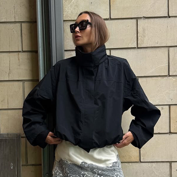Damen lässige oversized Jacke mit hohem Kragen und verstellbarem Verschluss Drune