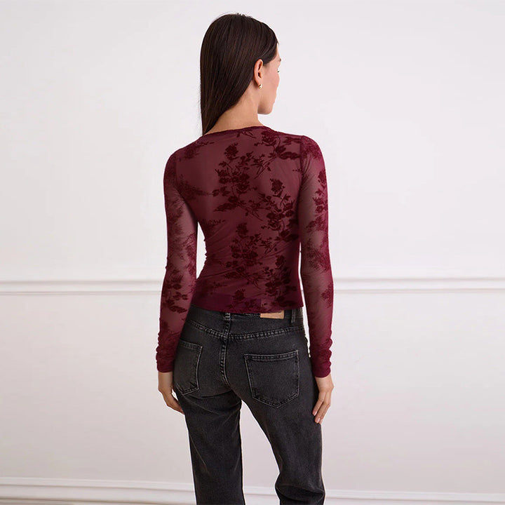 Damen transparente Spitzenbluse mit V-Ausschnitt und langen Ärmeln Drune