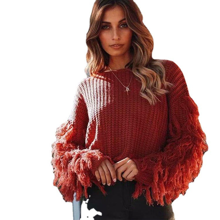 Damen Grobstrickpullover mit fransigen Ärmeln und lockerem Schnitt Drune