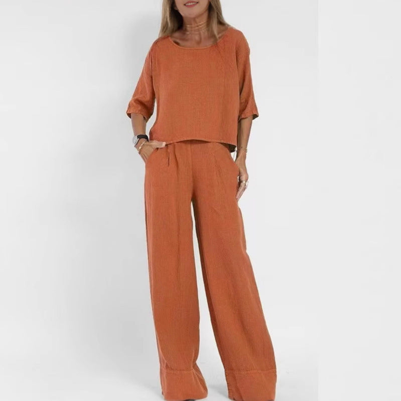 Damen luftiges Leinen-Ensemble mit weitem Schnitt und praktischen Taschen Drune