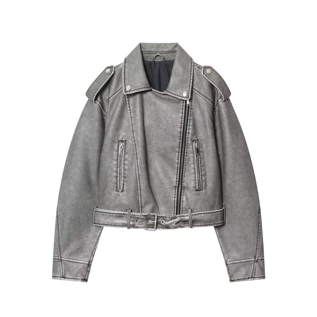 Damen modische Bikerjacke im Vintage-Look mit Taillengürtel und Reißverschlusstaschen Drune