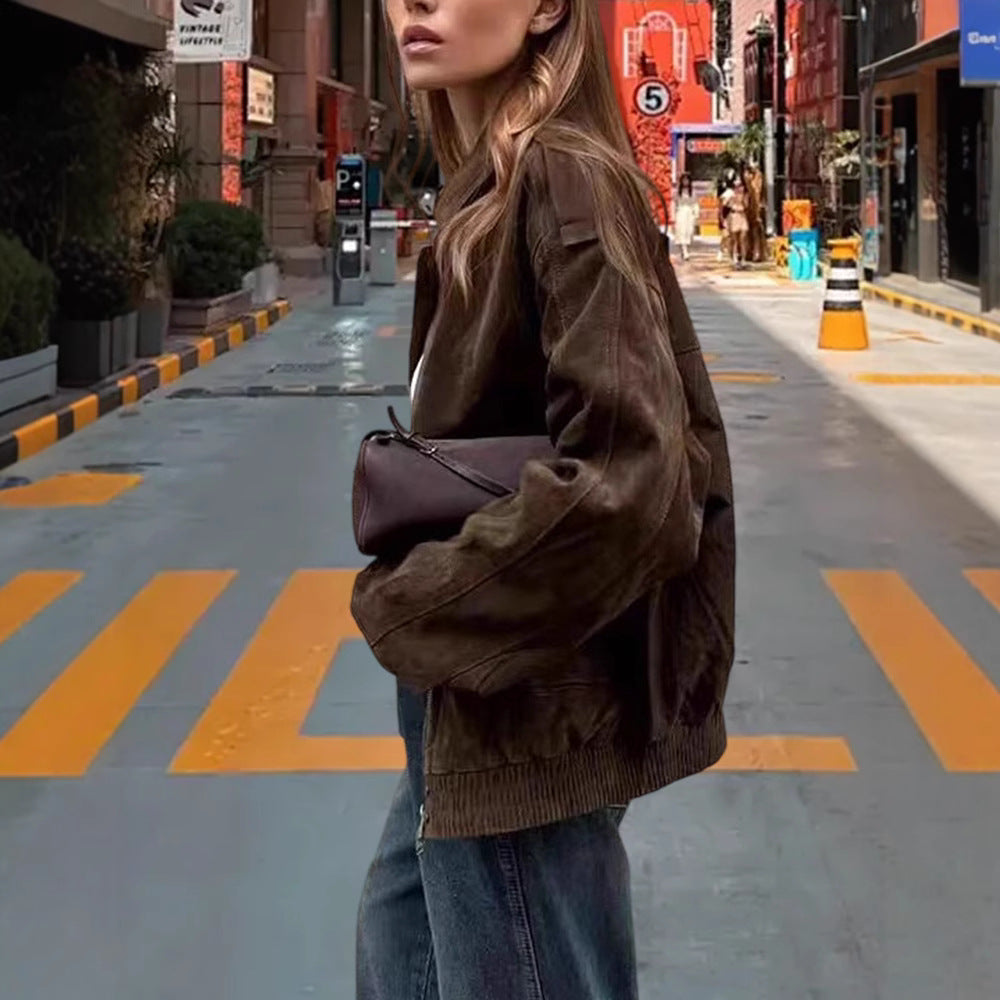 Damen Modische Kunstlederjacke mit lässigem Schnitt und praktischen Taschen Drune