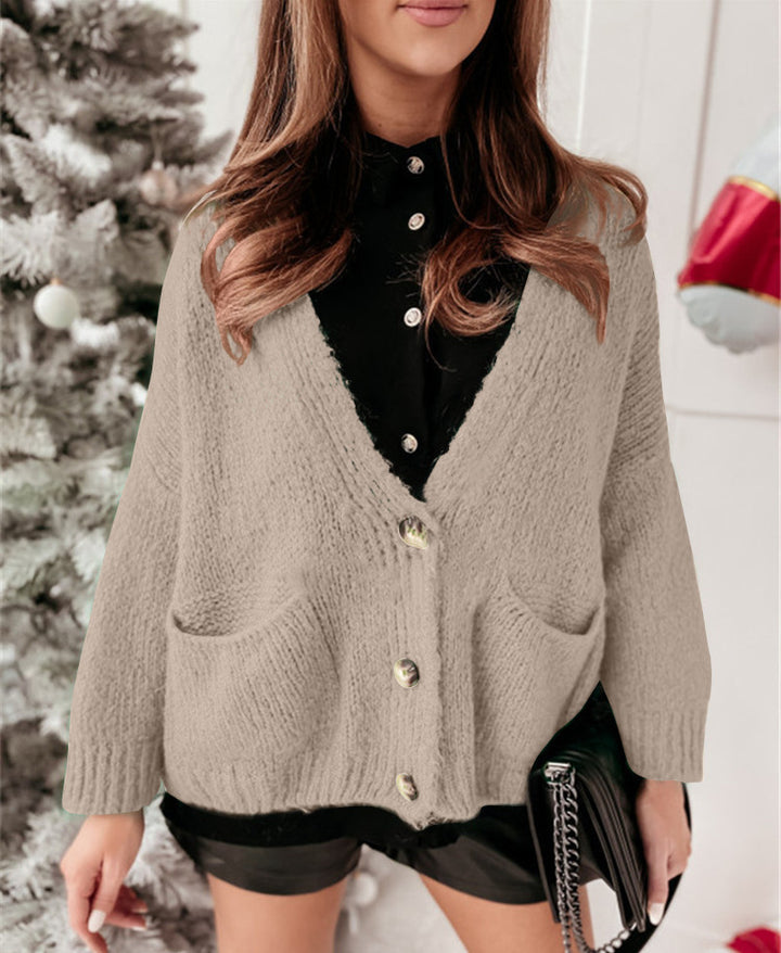 Damen Oversized Strickjacke mit Taschen und Knopfmuster Drune