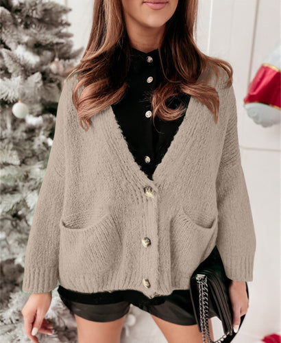 Damen Oversized Strickjacke mit Taschen und Knopfmuster Drune