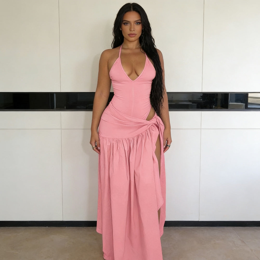 Damen Elegantes Bodenkleid mit Wickeldesign und Raffungen Drune