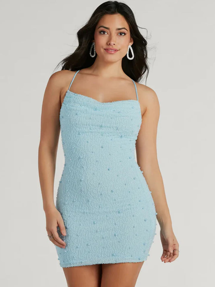 Damen Figurbetontes Minikleid mit schimmernden Perlen und Spaghettiträgern Drune