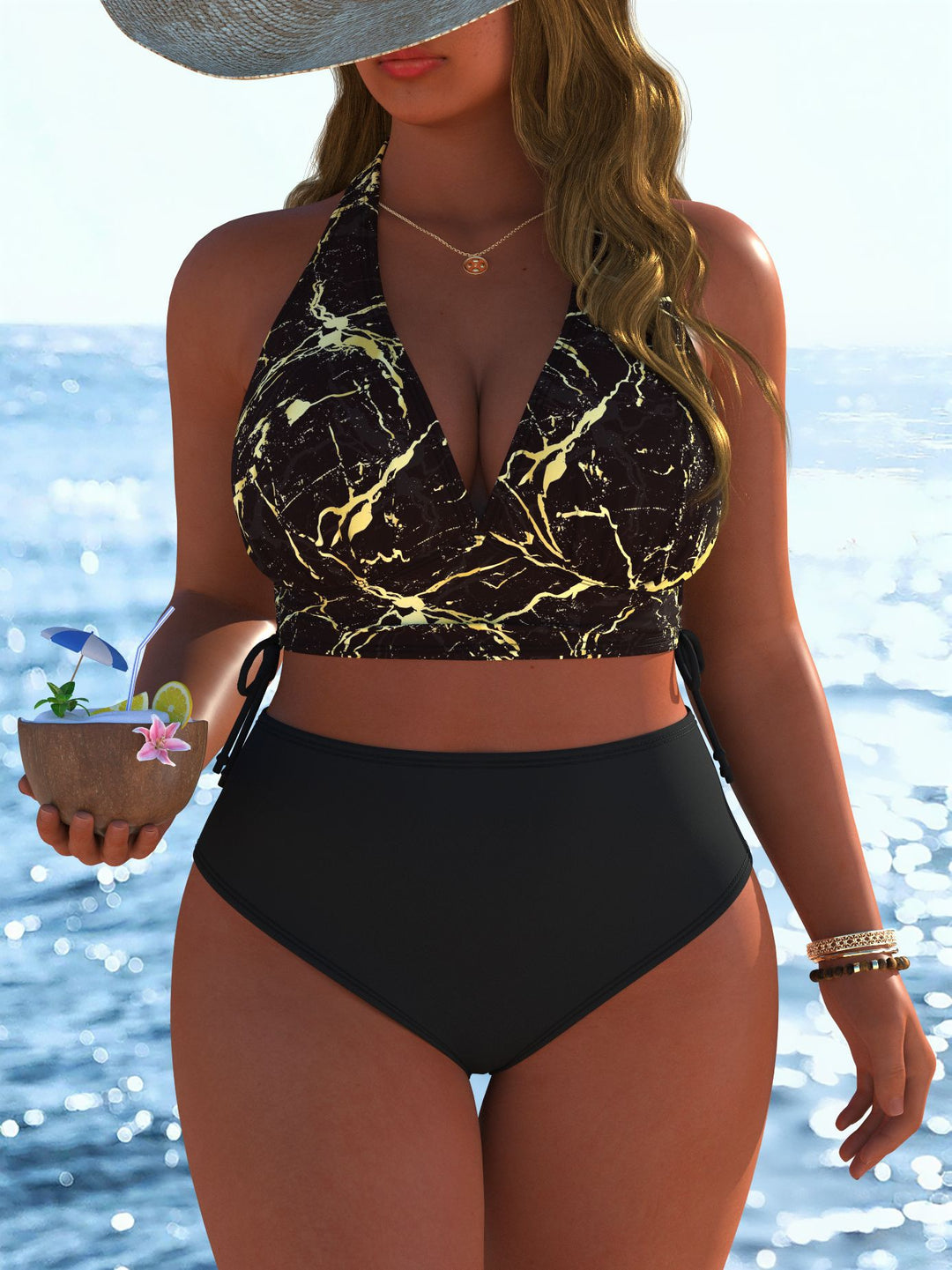 Damen Bikini-Set mit modernem Wickeloberteil und hoch tailliertem Höschen Drune