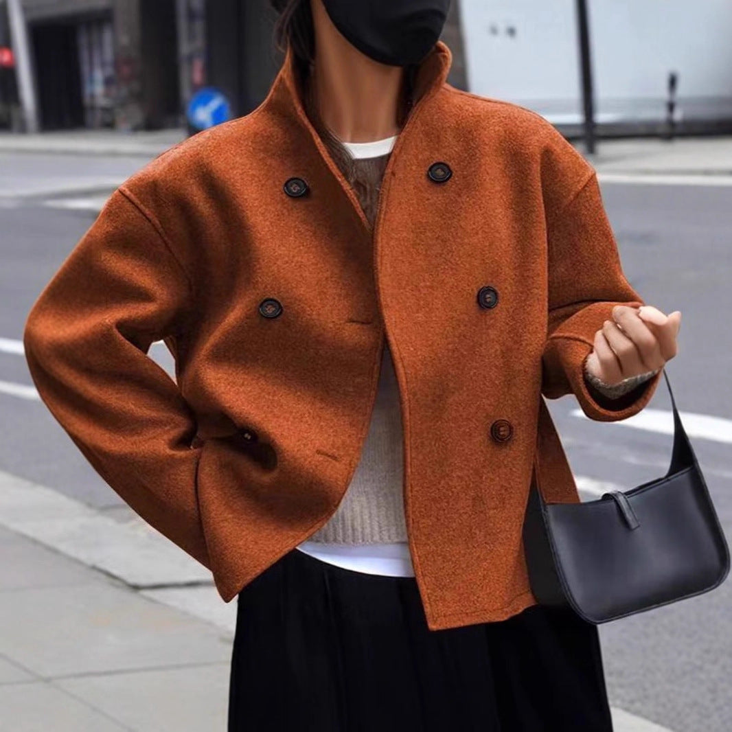 Damen modische Wolljacke mit doppelter Knopfleiste und hohen Kragen Drune