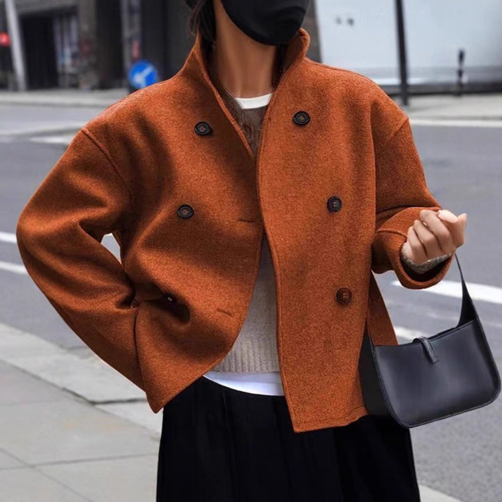 Damen modische Wolljacke mit doppelter Knopfleiste und hohen Kragen Drune