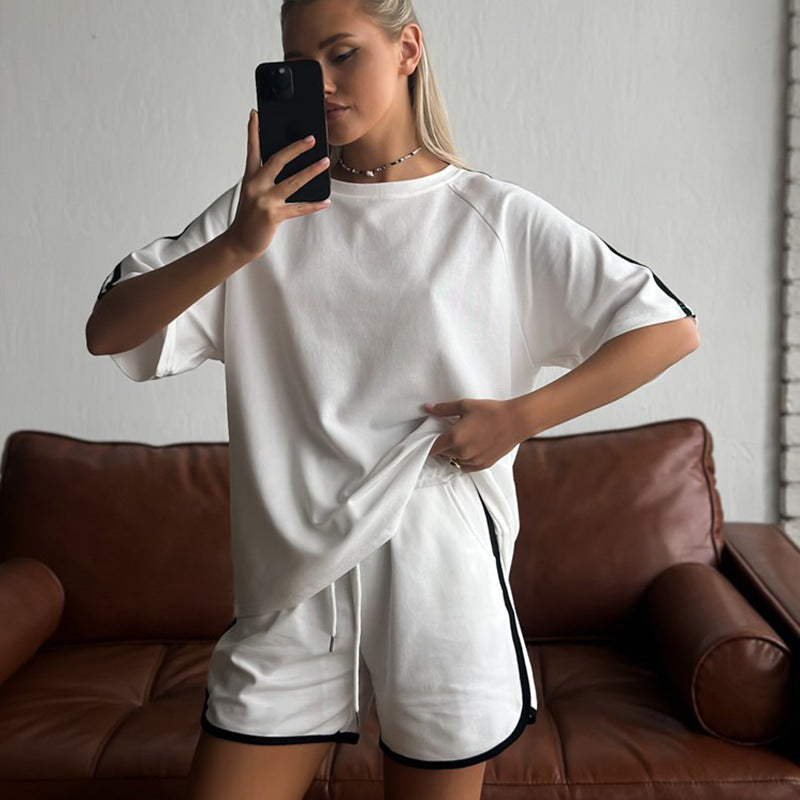 Damen sportliches Kurzarm-Set mit seitlichen Kontraststreifen und elastischer Taille Drune