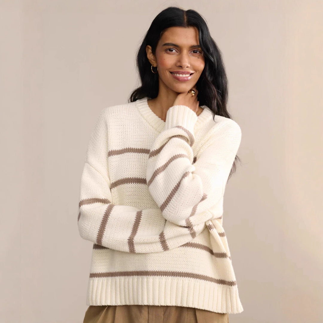 Damen lässiger Strickpullover mit breiten Streifen und Rundhalsausschnitt Drune