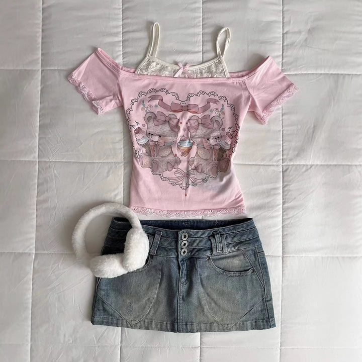 Damen Verspieltes T-Shirt mit Spitzenapplikationen und süßem Bärenmotiv Drune
