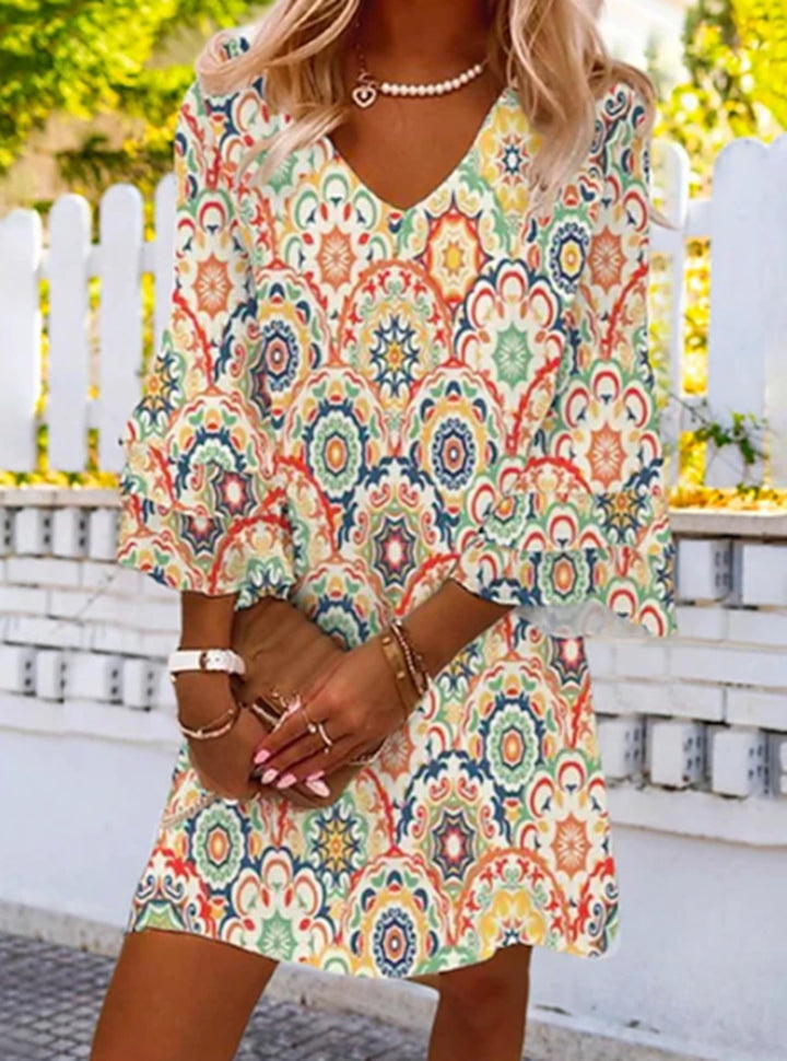 Damen nan kurzes Tunika-Kleid mit V-Ausschnitt, dreiviertel-Glockenärmeln und ornamentalem Mandala-Print Drune