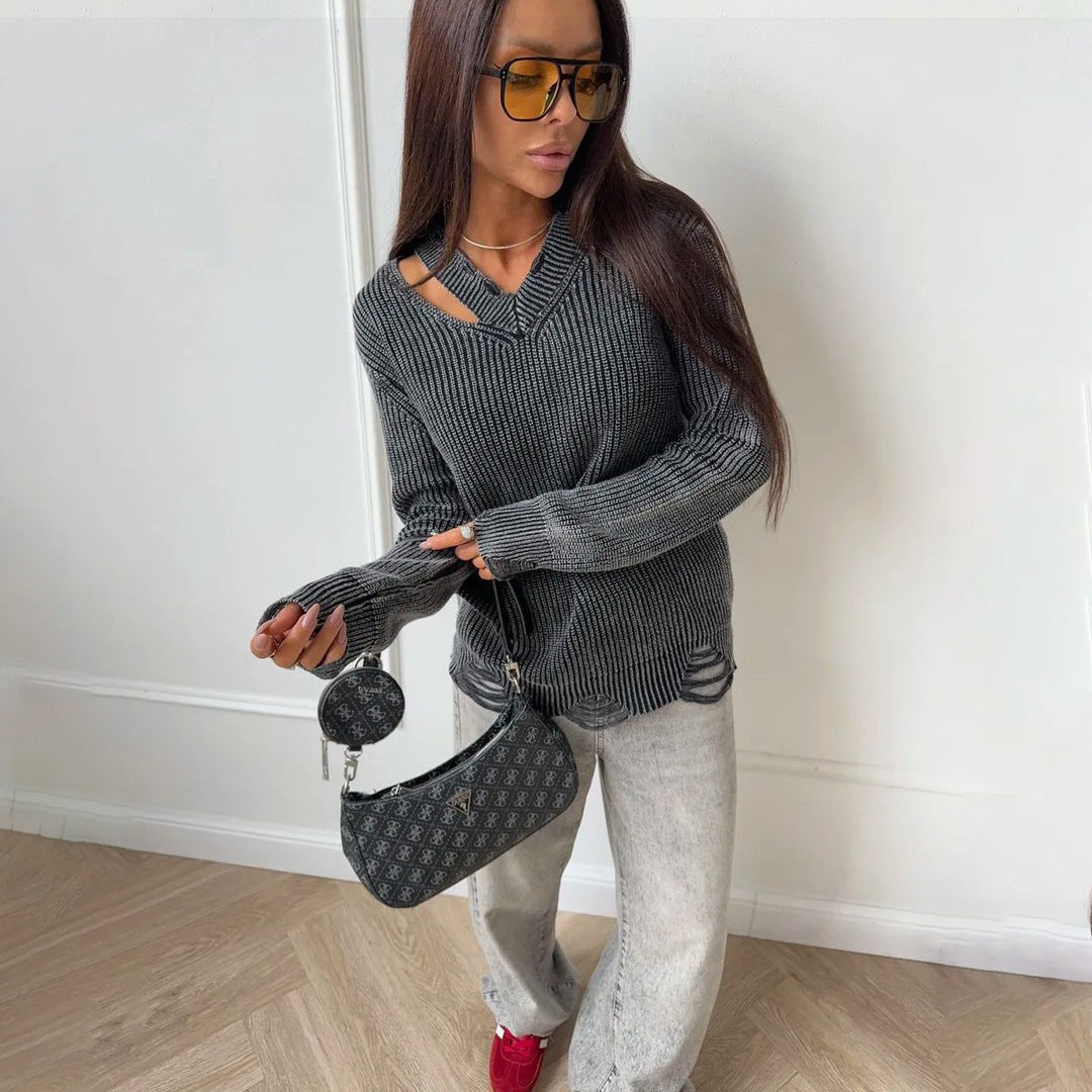 Damen Grobstrickpullover mit trendigem V-Ausschnitt und distressed Elementen Drune