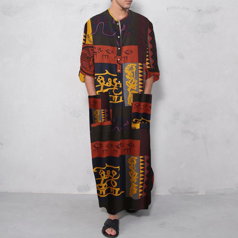 Damen nan Ethno-Maxikleid mit Stehkragen, kurzer Knopfleiste, überschnittenen Ärmeln und A-Linien-Schnitt Drune