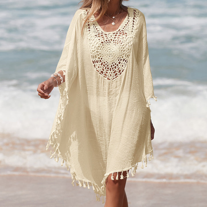 Damen Häkel-Strandüberwurf mit fransigem Saum und elegantem Lochmuster Drune