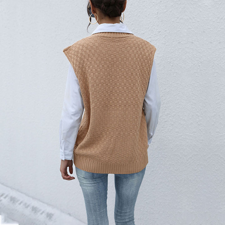 Damen klassischer Strickpullover ohne Ärmel mit V-Ausschnitt und strukturiertem Muster Drune