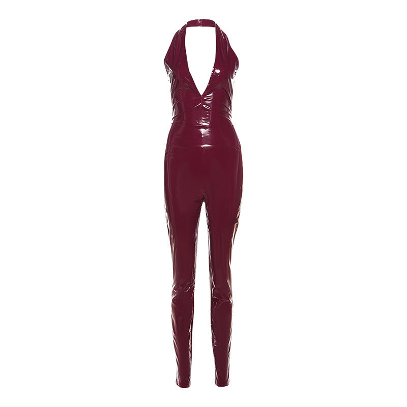Damen Figurbetontes Latexdress mit tiefem V-Ausschnitt und Rückenschnürung Drune