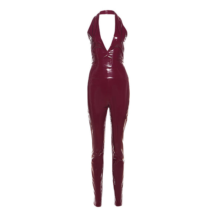 Damen Figurbetontes Latexdress mit tiefem V-Ausschnitt und Rückenschnürung Drune
