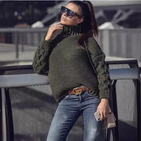 Damen Strickpullover mit hohen Kragen und pompösen Ärmeln Drune