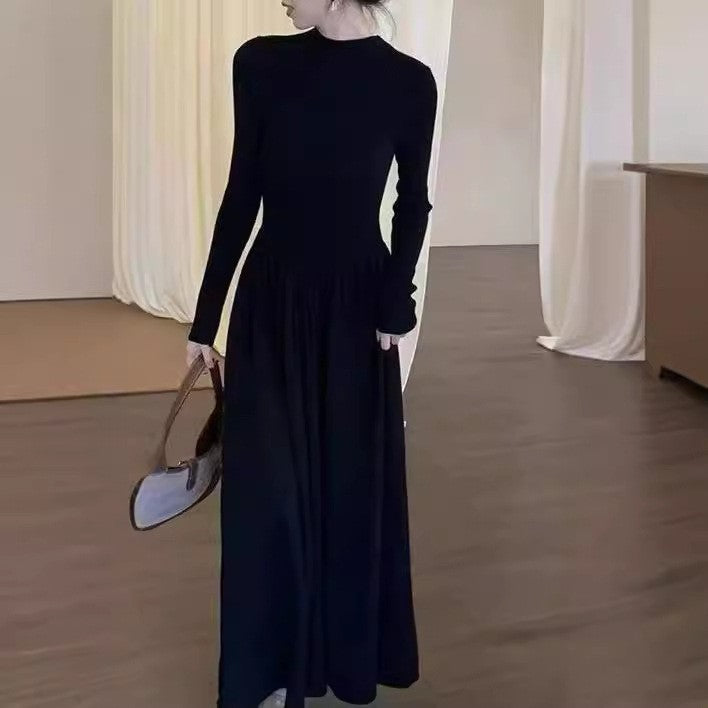 Damen Elegantes Langarm-Maxikleid mit hohem Hals Drune