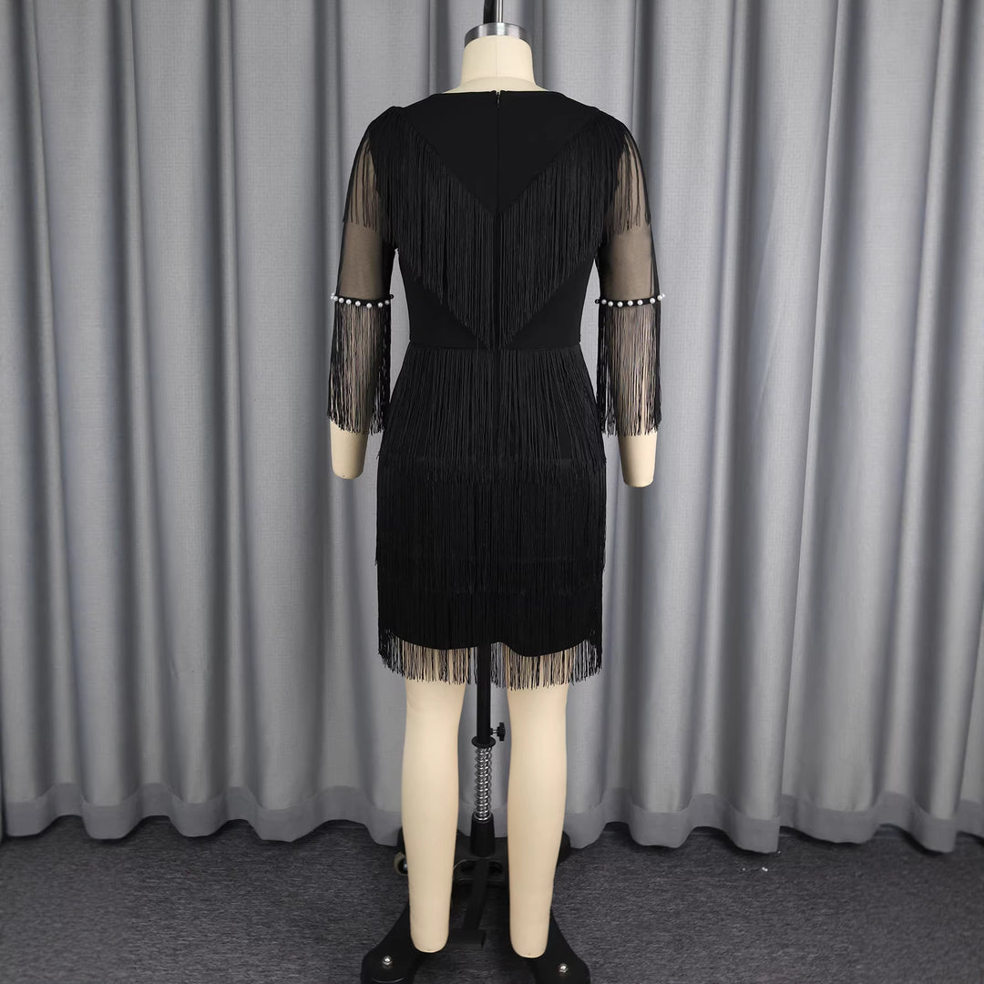 Damen Fransenkleid mit transparenten Ärmeln und Perlenakzenten Drune