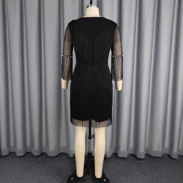 Damen Fransenkleid mit transparenten Ärmeln und Perlenakzenten Drune