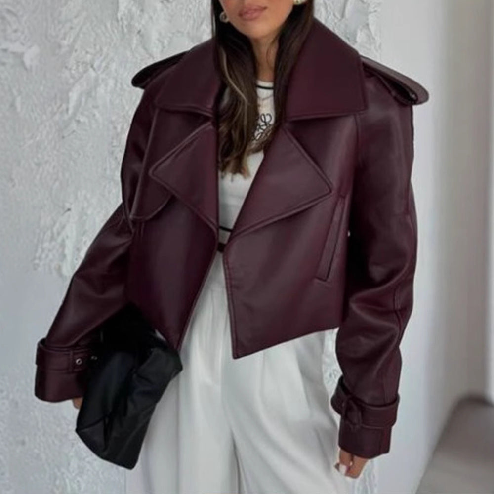 Damen modische Kunstlederjacke mit oversized Schnitt und breitem Kragen Drune