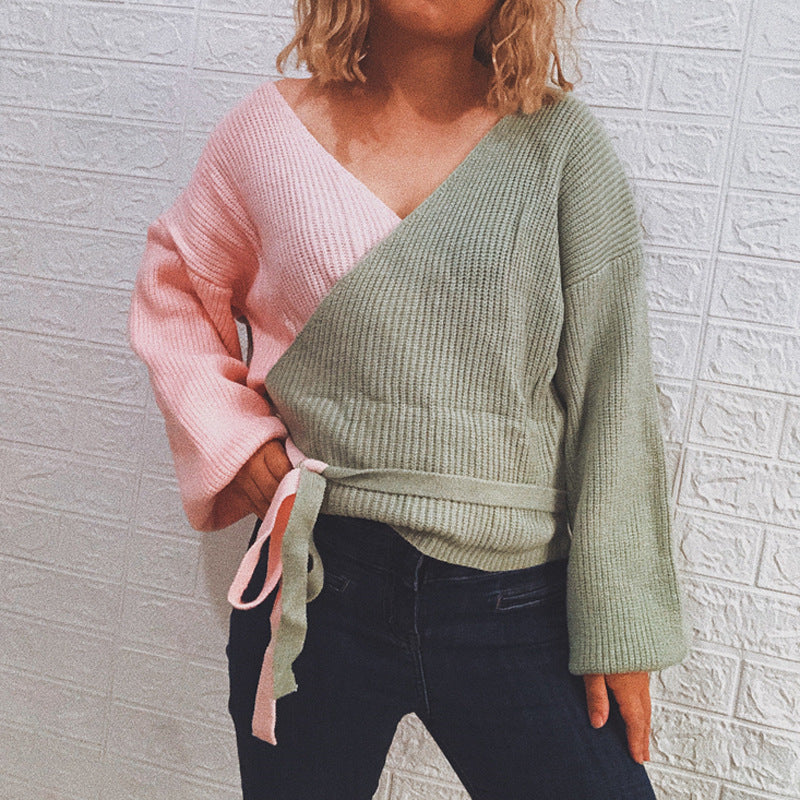 Damen Wickelpullover mit elegantem Rippdesign und modischen Bindebändern Drune