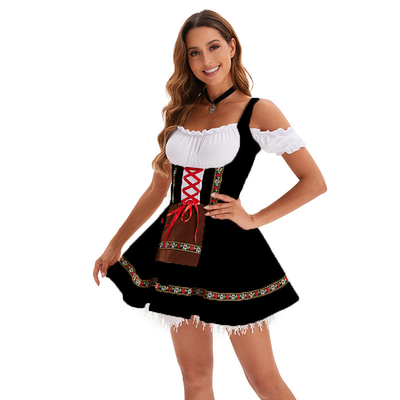 Damen nan kurzes Trachtenkleid mit Carmen-Ausschnitt, geschnürtem Mieder und bestickter Schürze Drune