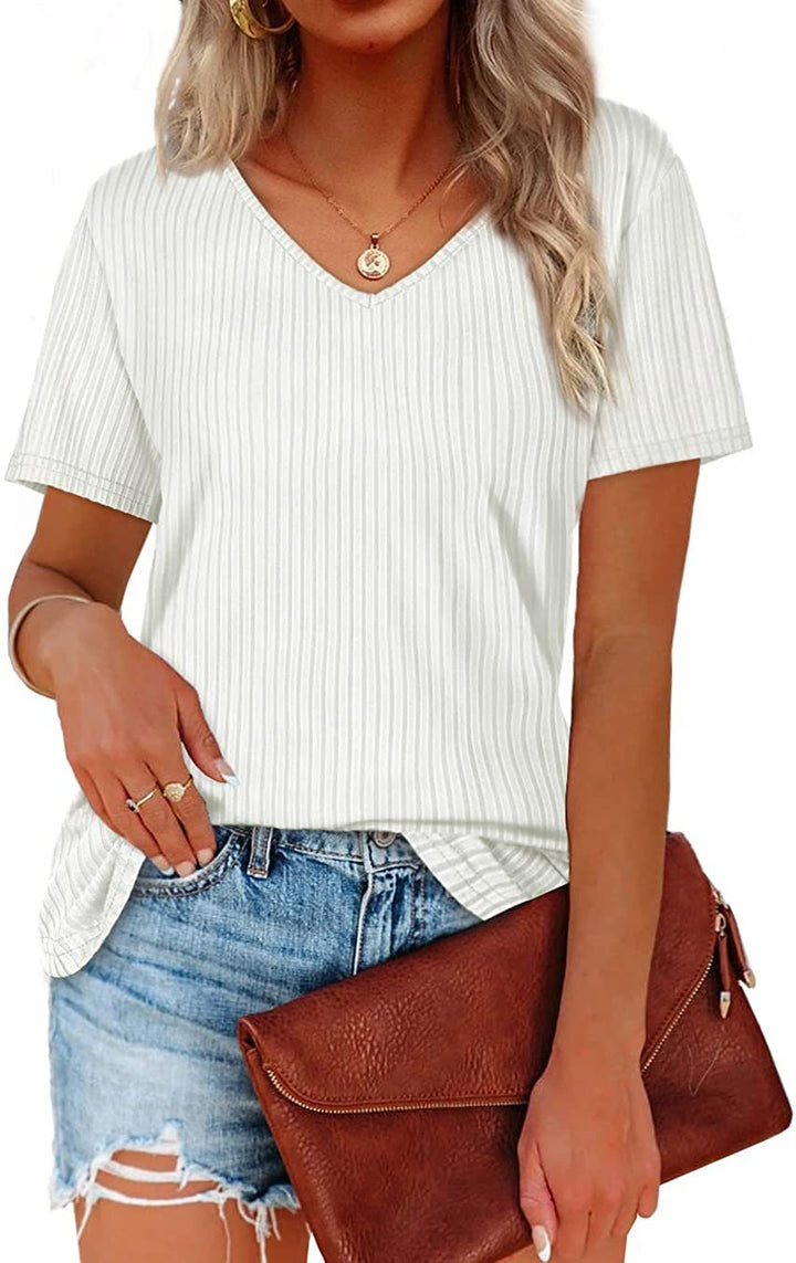 Damen Viskose T-Shirt mit feinem Rippstrickmuster und lässigem V-Ausschnitt Drune