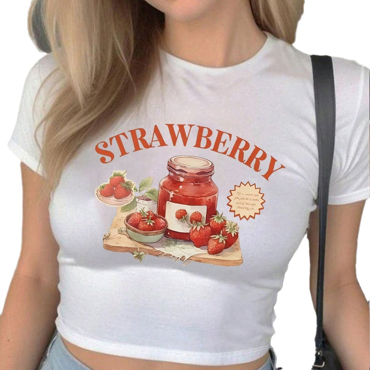 Damen Crop-Top mit kreativem Erdbeer-Design und figurbetontem Schnitt Drune